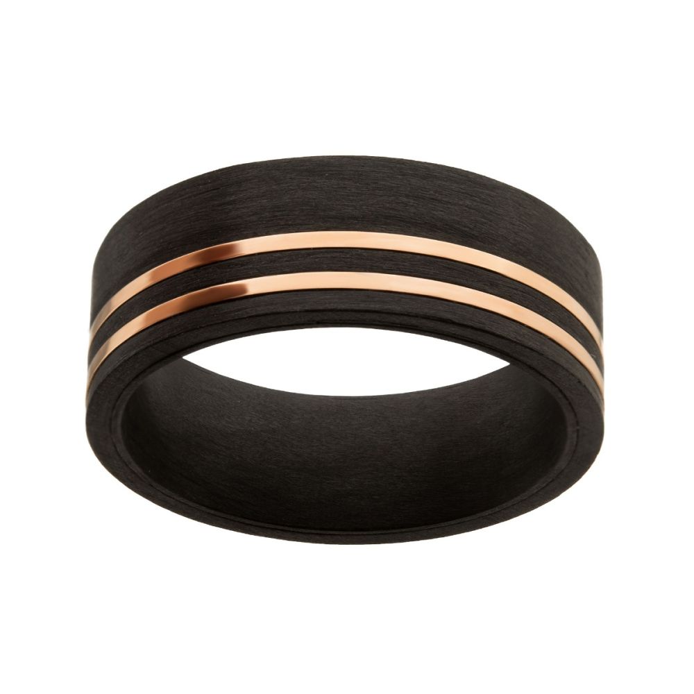 Solid Carbon with Inlayed Rose Gold Thin Lines Comfort Fit Ring
