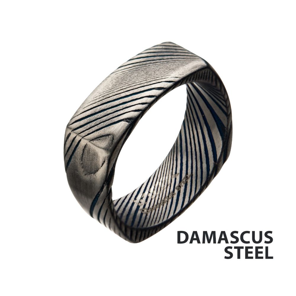 Damascus 8mm Matte Blue IP Square Ring