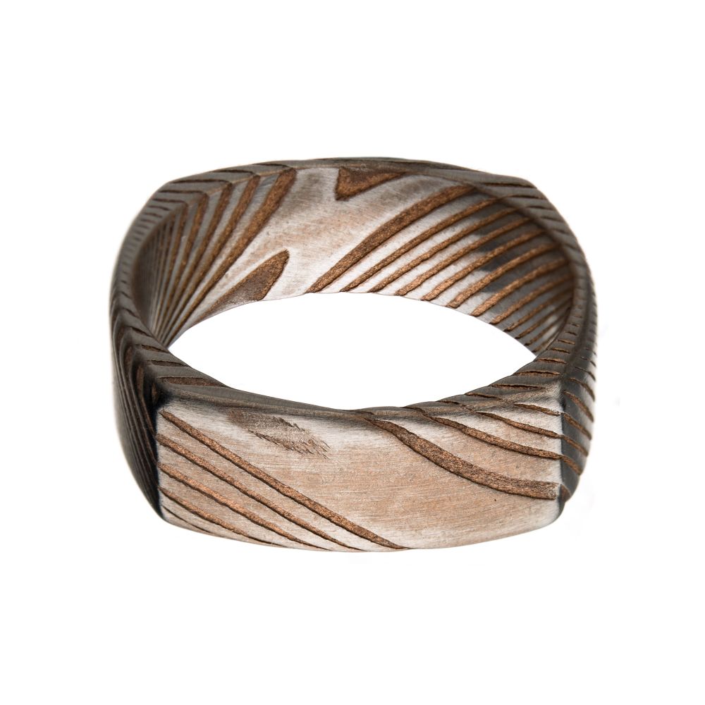 Damascus 8mm Matte Rose Gold IP Square Ring