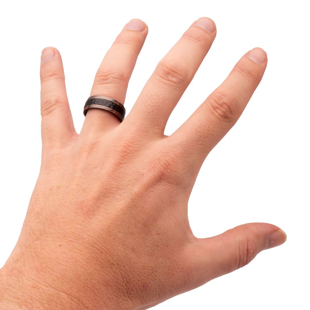 Flat Etched Niobium SuperConductor Edge Black Zirconium Hammered Comfort Fit Ring