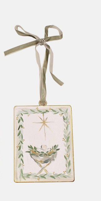 Metal Disc Ornament, Manger w Greenery, Glitter Finish - 4x6"