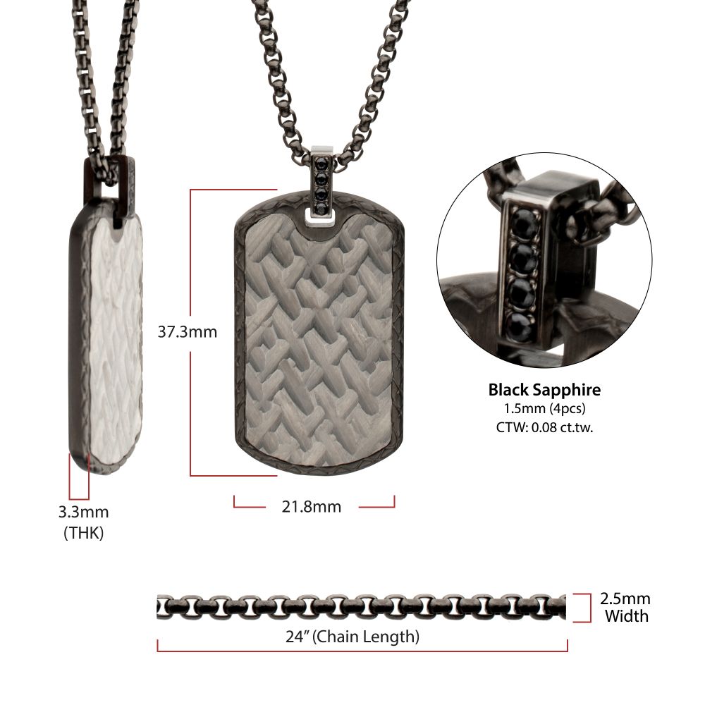 Gun Metal IP Steel Chiseled Dog Tag Pendant with Black Sapphire & Black Bail