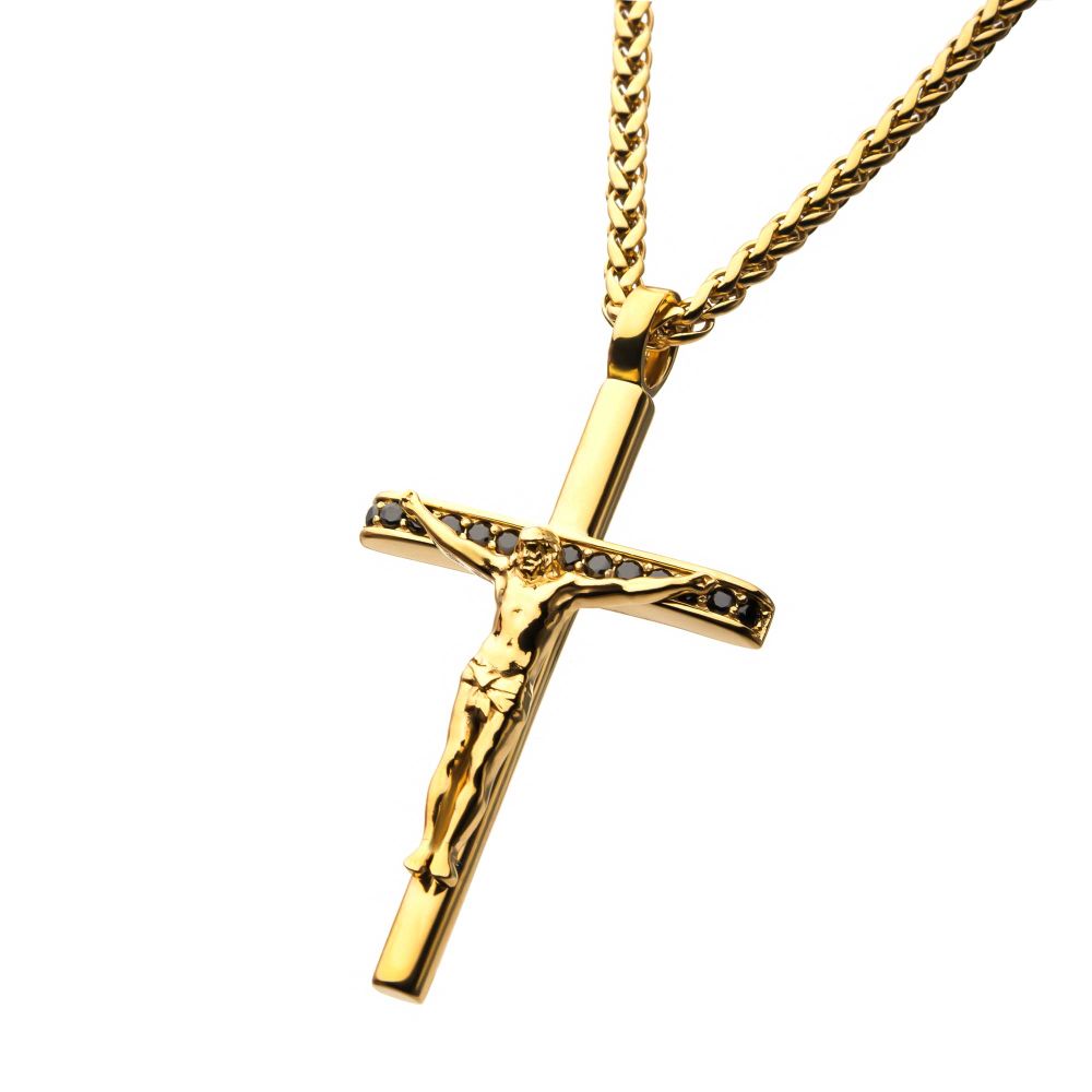 St. Steel Gold IP with Black CZ Crucifix Pendant with Wheat Chain