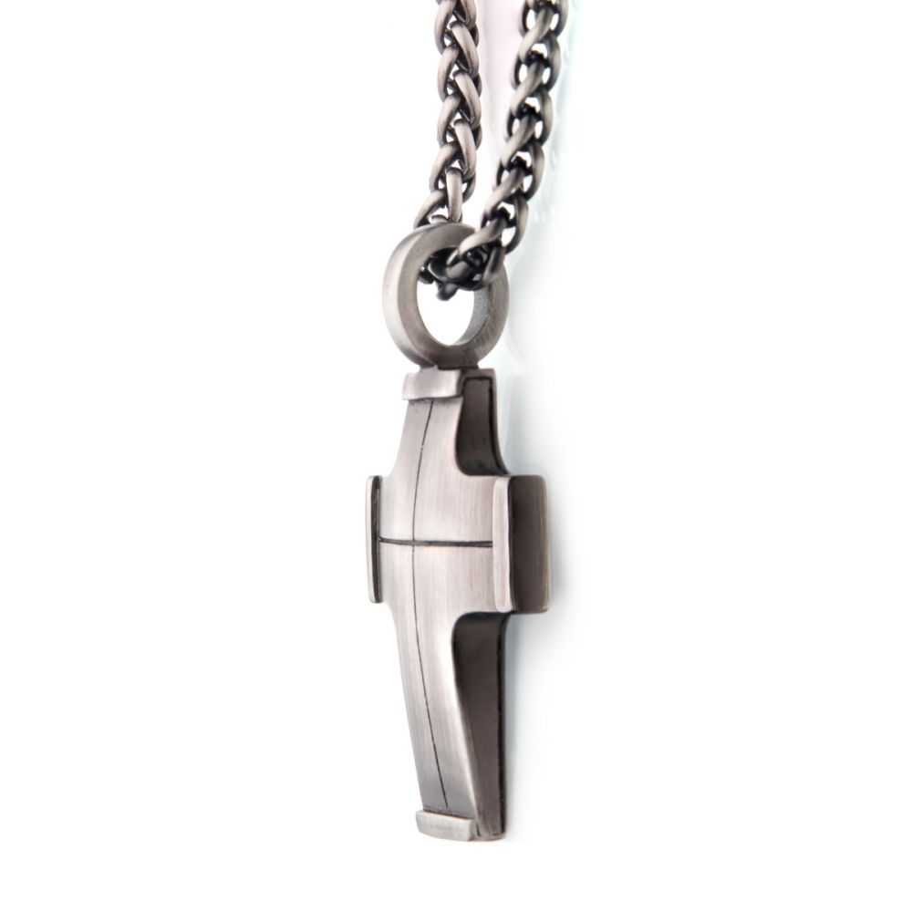 Gun Metal Plated Cross Pendant with Steel Wheat Chain