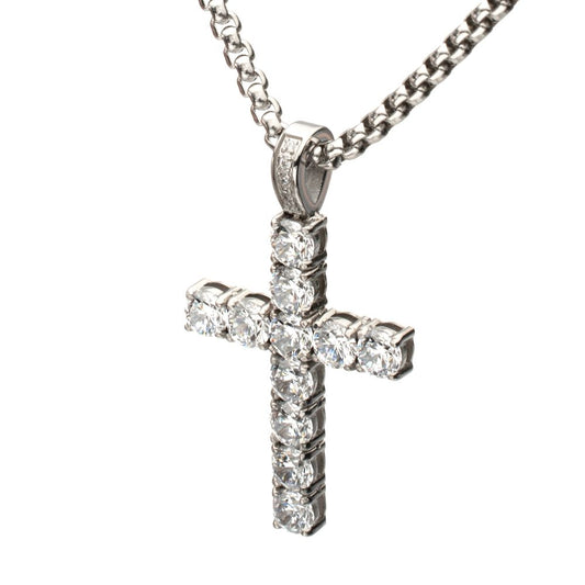Lab-Created White Sapphire High Polished St Stl 22" Medium Cross Pendant