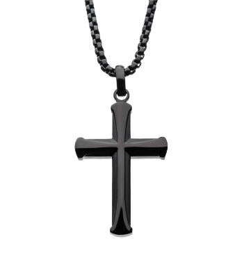 Black Plated Apostle Cross Pendant with Black Bold Box Chain