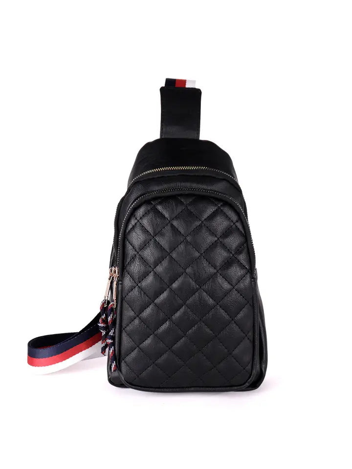 Vegan Leather Quilted Stripe Strap Sling Bag - Black - Clearance