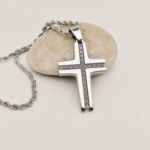 Checkered Pattern Stainless Steel Cross Necklace Black