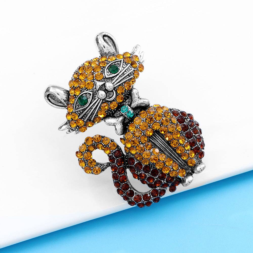 Rhinestone Bowknot Cat Brooch Pin