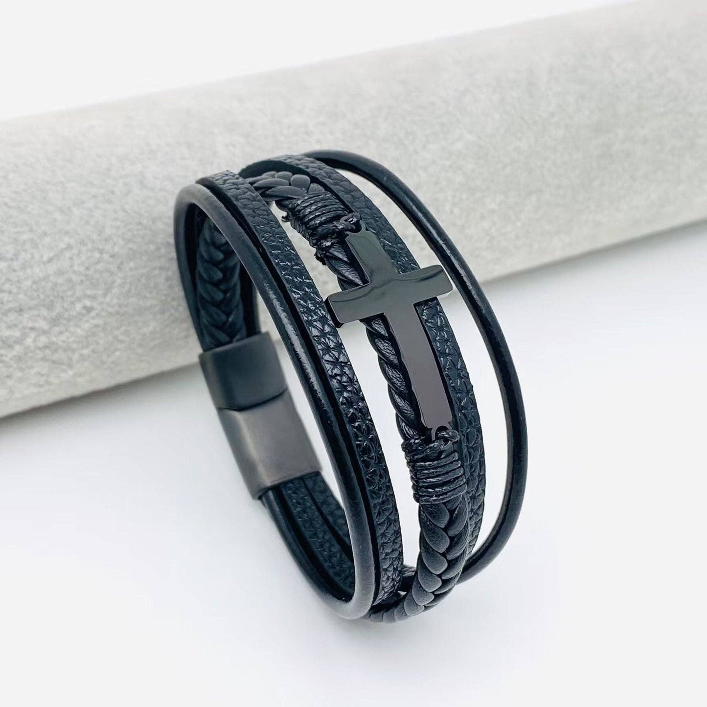 Cross Multi-Layer Woven Leather Bracelet Black