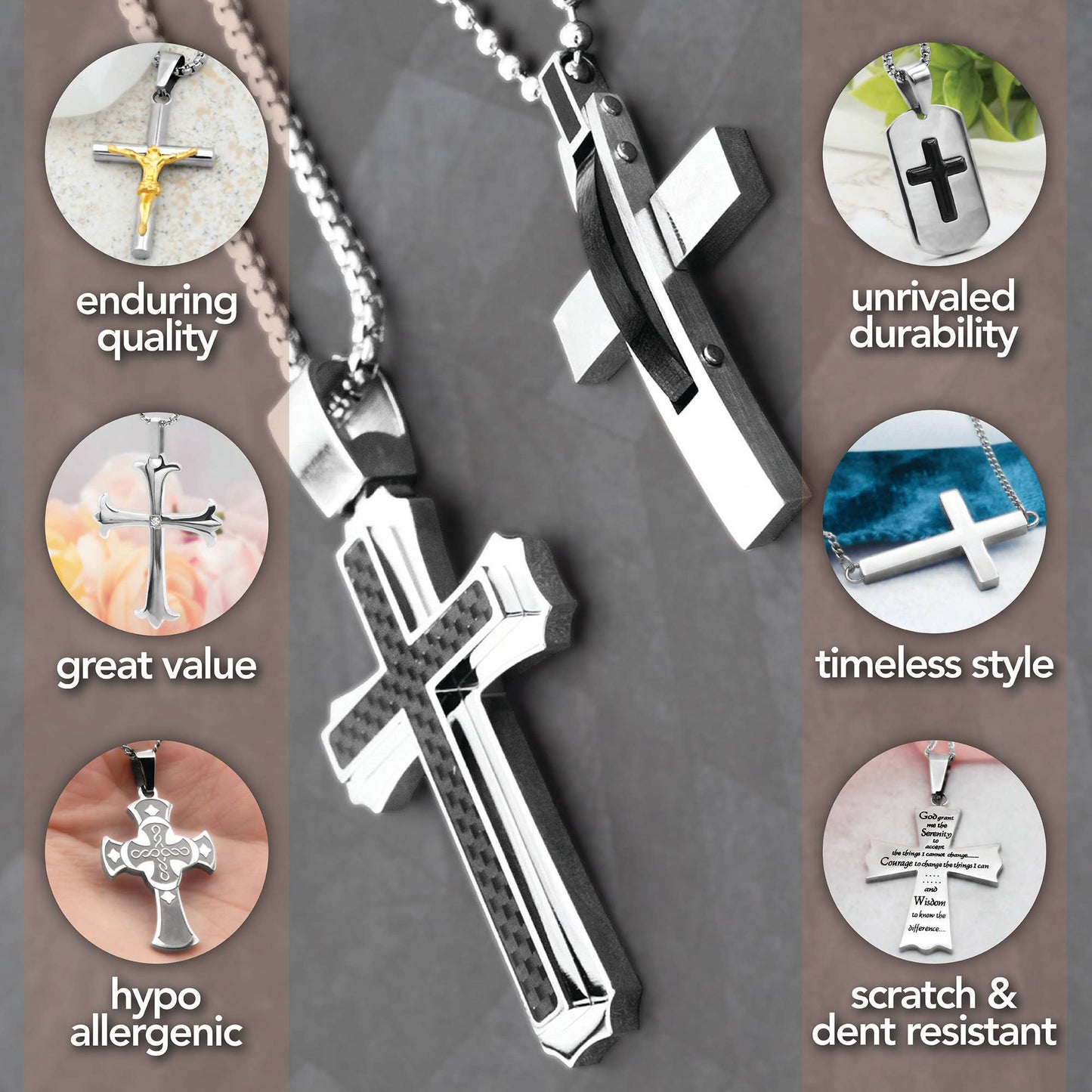 Cross Necklace Stainless Steel and Black Carbon