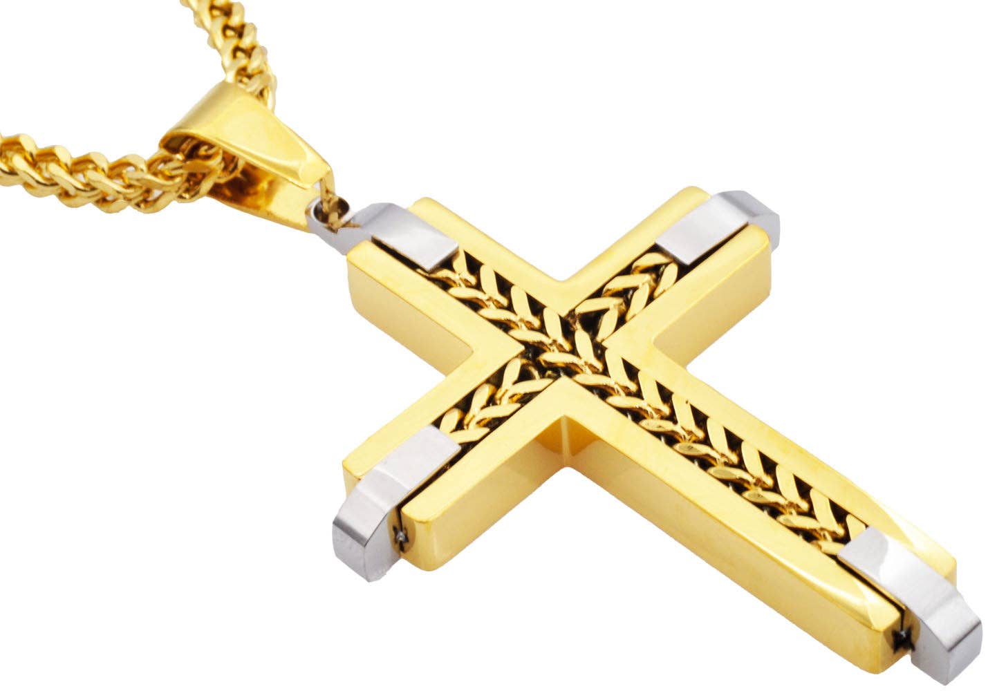 Gold Stainless Steel Cross Pendant Necklace With Franco Link Chain Inlay Sale