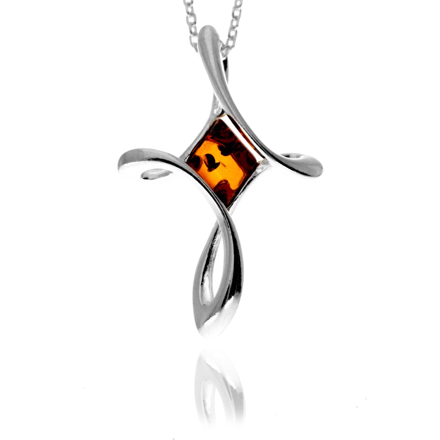 925 Sterling Silver & Genuine Baltic Amber Modern Cross Pendant