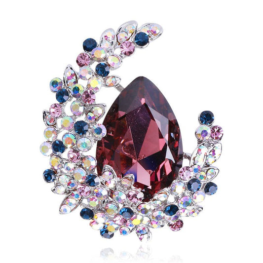 Rhinestone Jewel Flower Crescent Moon Brooch Pin