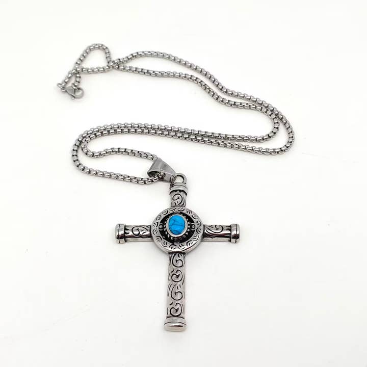 Turquoise Stainless Steel Cross Pendant 60MM