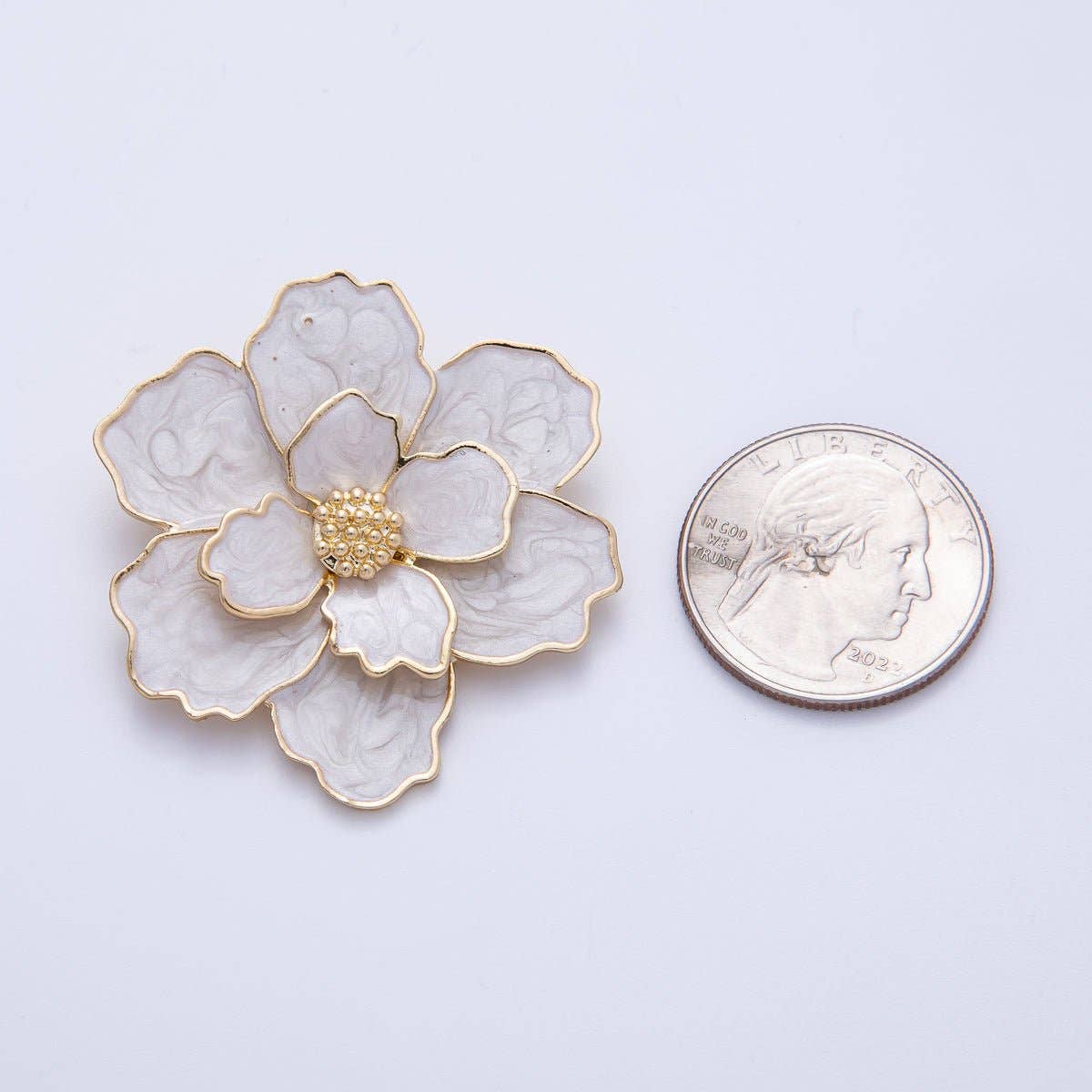 Gold 42mm x 34.5mm White Glitter Enamel Flower Pin Brooch