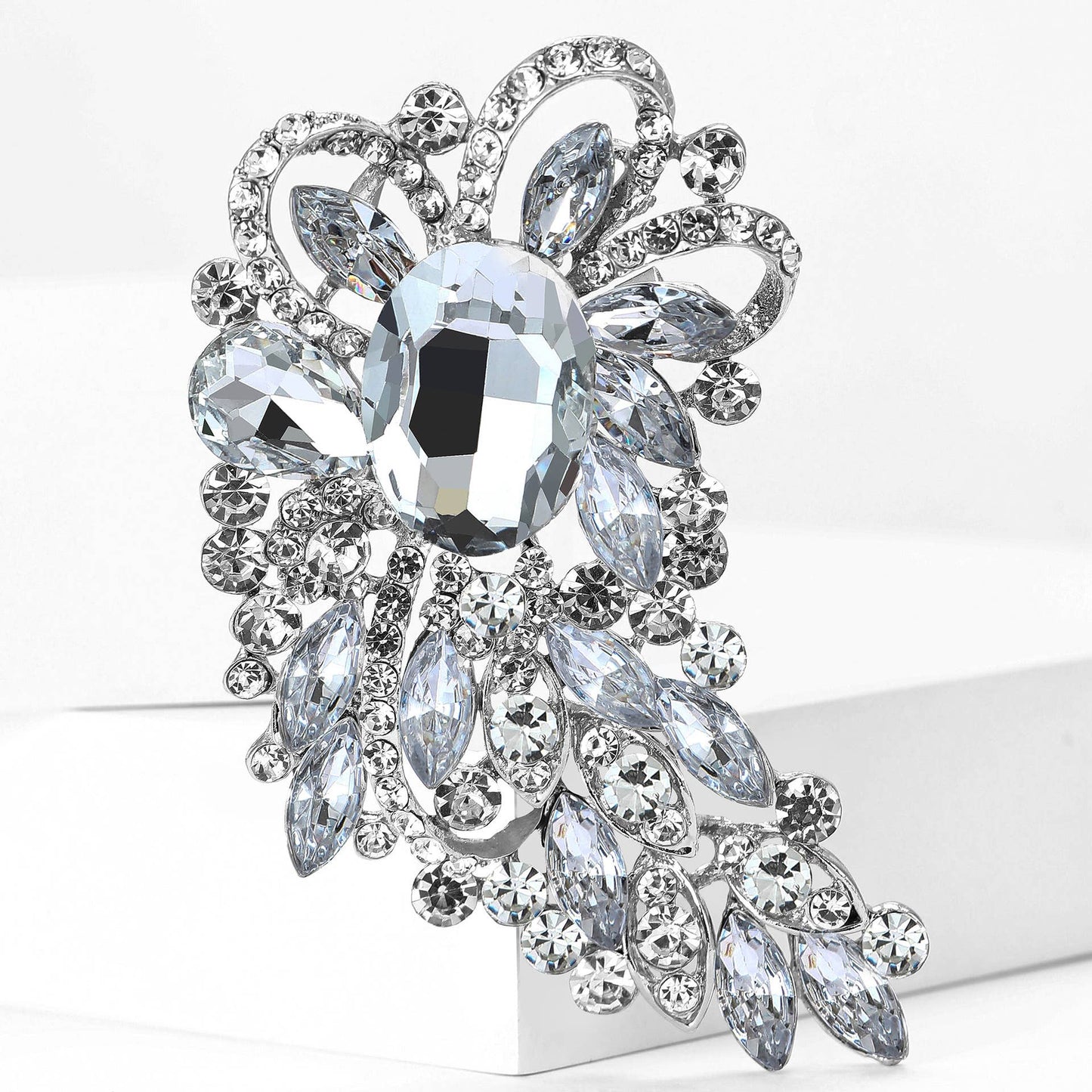 Large Rhinestone Leaf Oval Brooch Pin