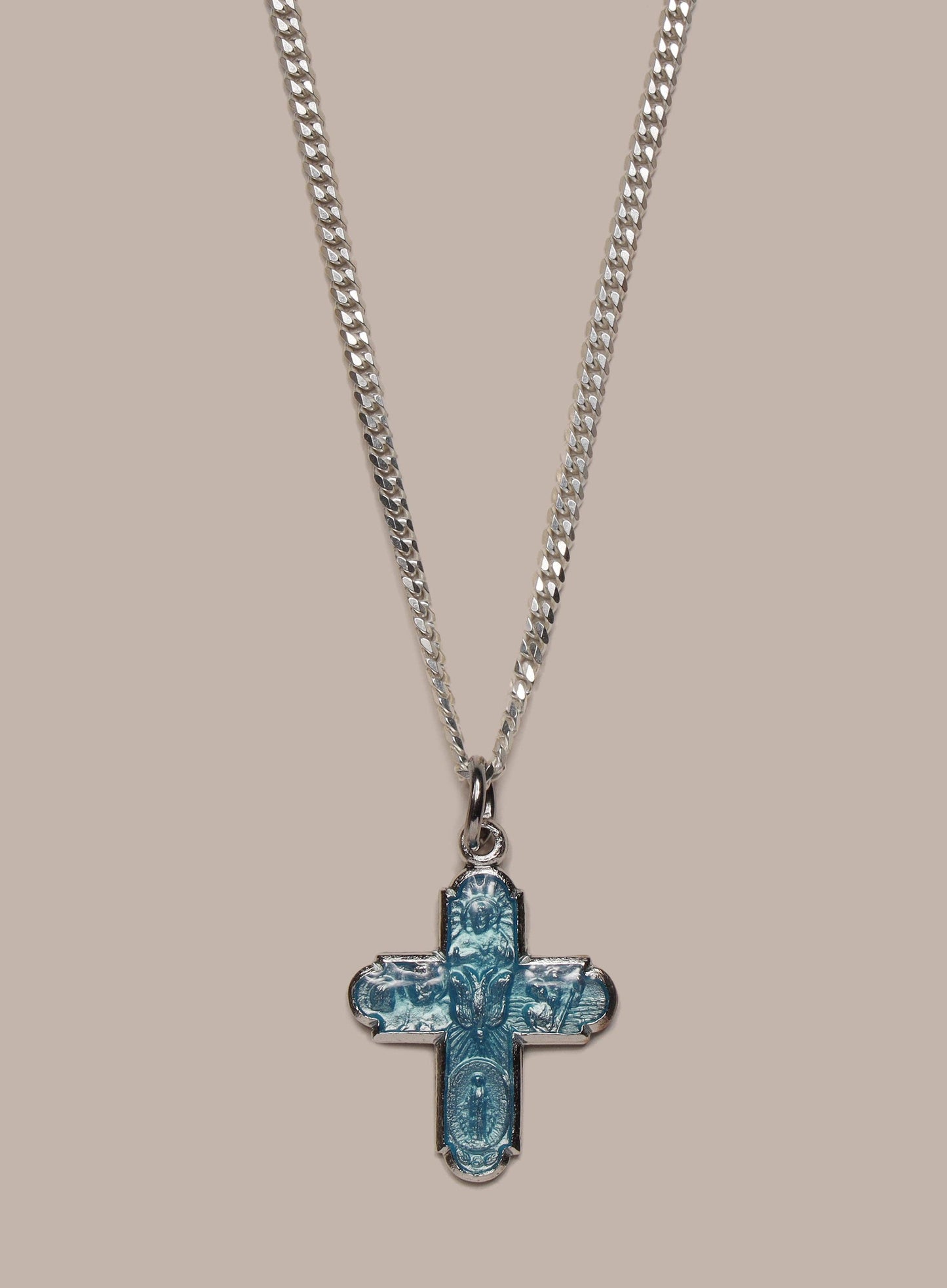 925 Sterling Silver Cross Pendant with Blue Enamel 2mm Cuban Chain