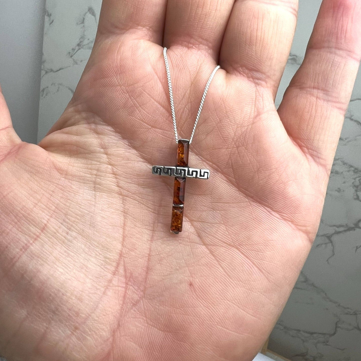 925 Steling Silver & Genuine Baltic Amber Modern Cross Pendant