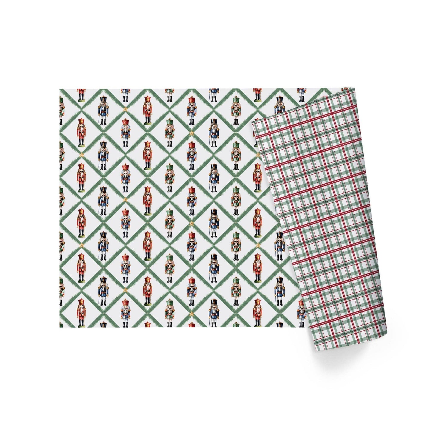 30" x 10' Reversible Holiday Wrapping Paper | Norfolk Pine Nutcracker/Small Red and Green Plaid