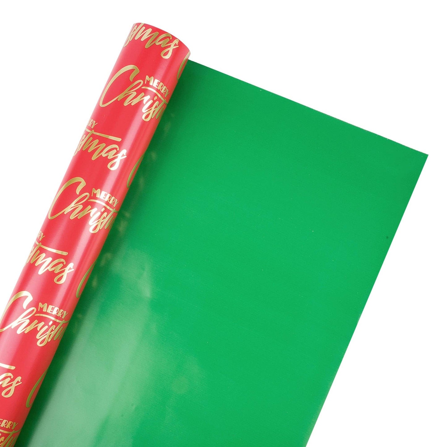 30" x 10' Reversible Holiday Wrapping Paper | Merry Christmas Red and Gold/ Green Solid