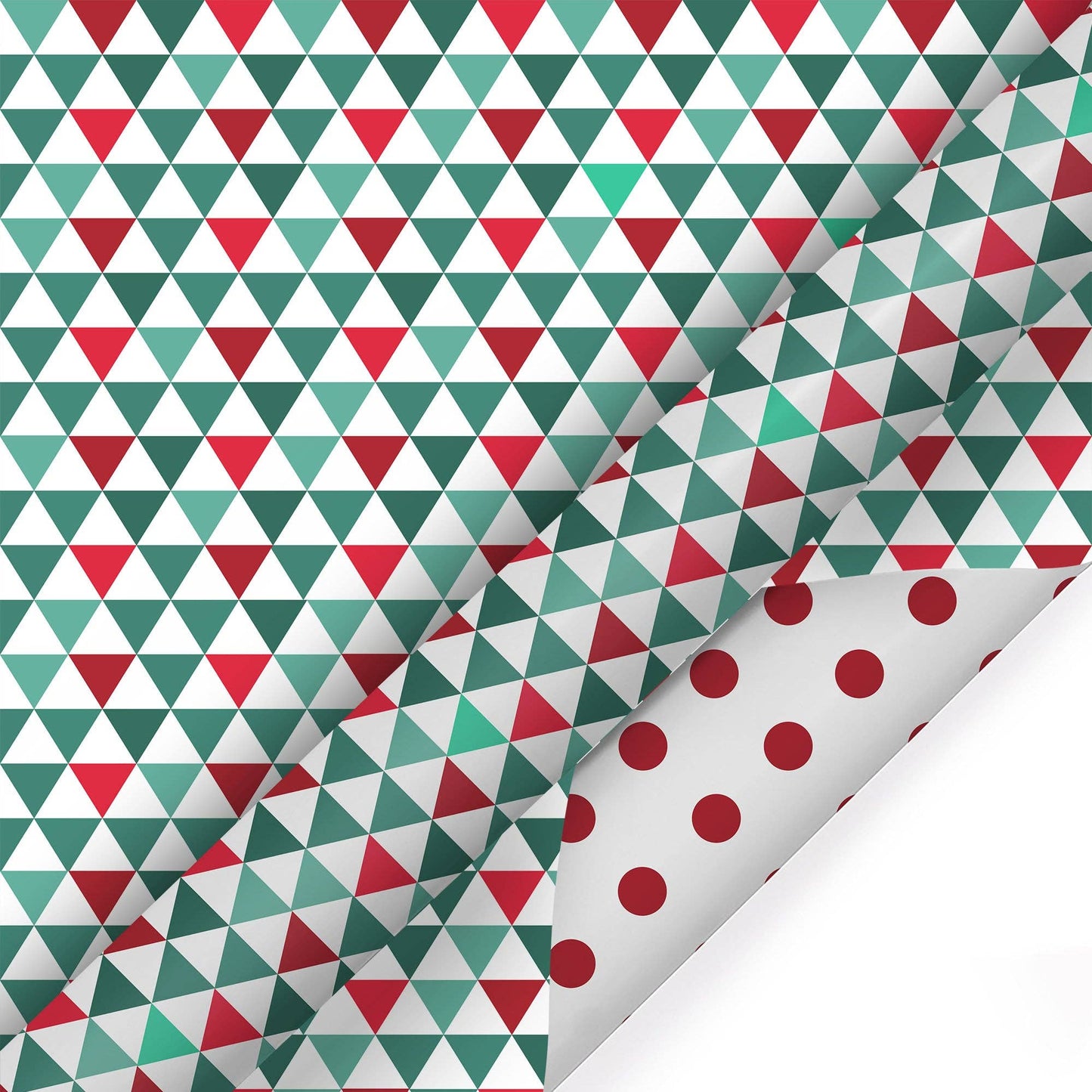 30" x 10’ Holiday Reversible Wrapping Paper | Multi-Colored Triangles/Red Polkadot on White