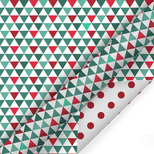 30" x 10’ Holiday Reversible Wrapping Paper | Multi-Colored Triangles/Red Polkadot on White