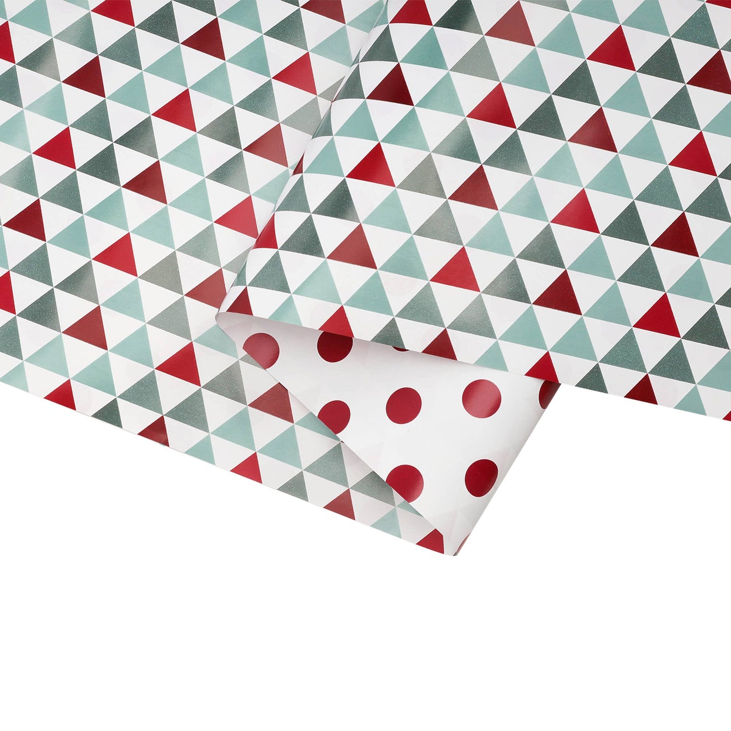 30" x 10’ Holiday Reversible Wrapping Paper | Multi-Colored Triangles/Red Polkadot on White