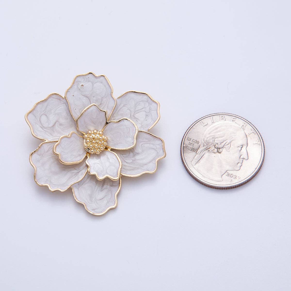Gold 42mm x 34.5mm White Glitter Enamel Flower Pin Brooch