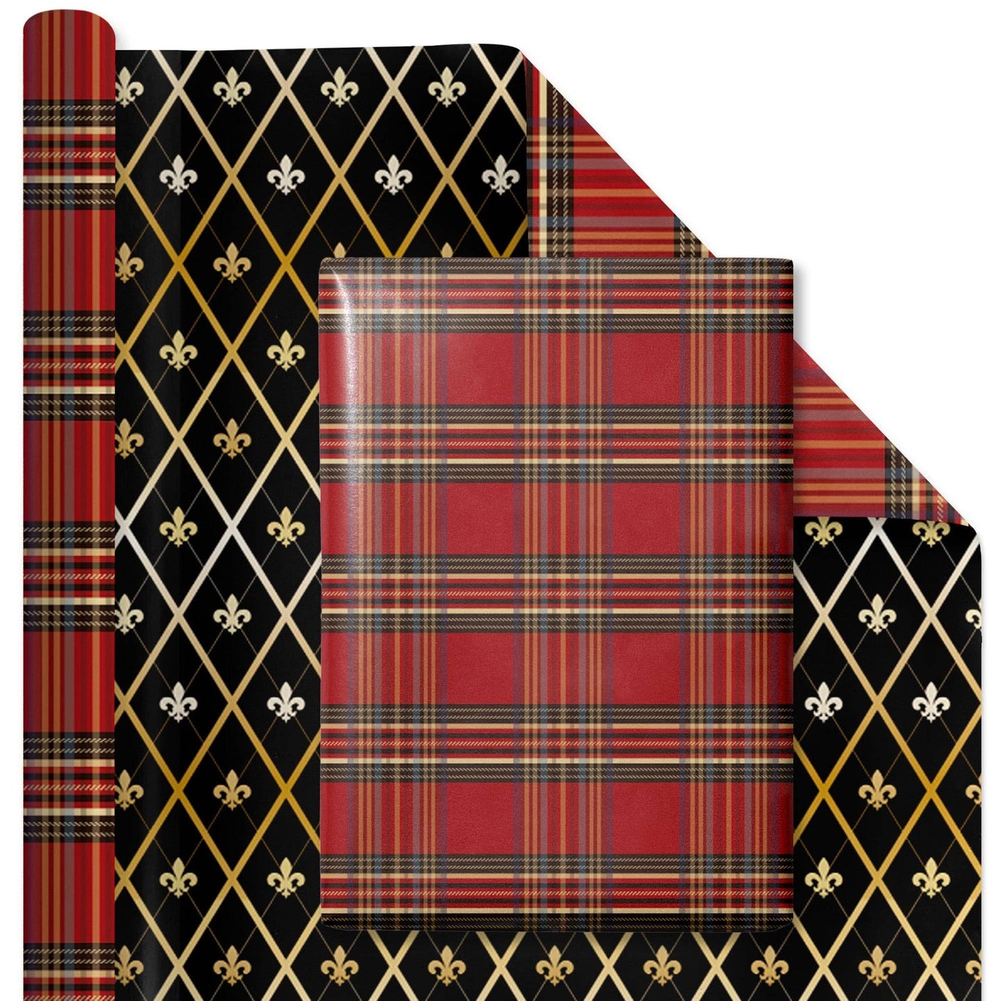 30" x 10' Reversible Holiday Wrapping Paper | Windowpane Plaid/Harlequin Fleur-de-lis