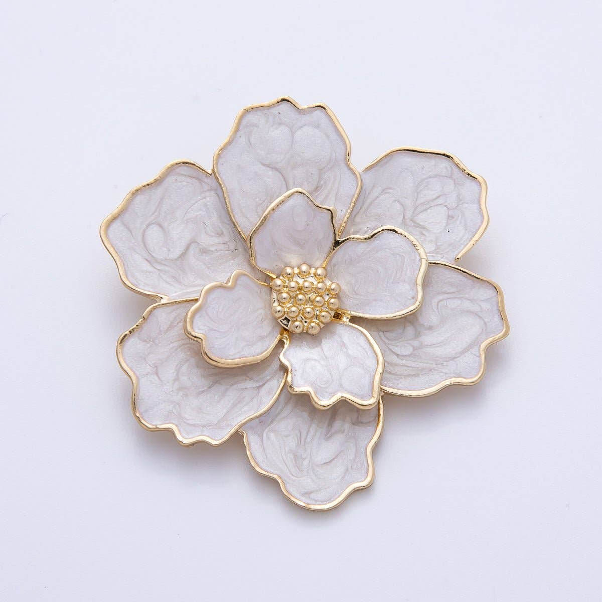 Gold 42mm x 34.5mm White Glitter Enamel Flower Pin Brooch
