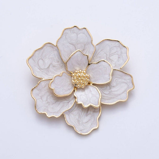 Gold 42mm x 34.5mm White Glitter Enamel Flower Pin Brooch