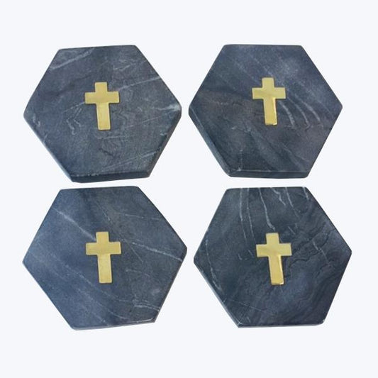 Set of 4 Marble Hexagon Coasters with Brass Cross