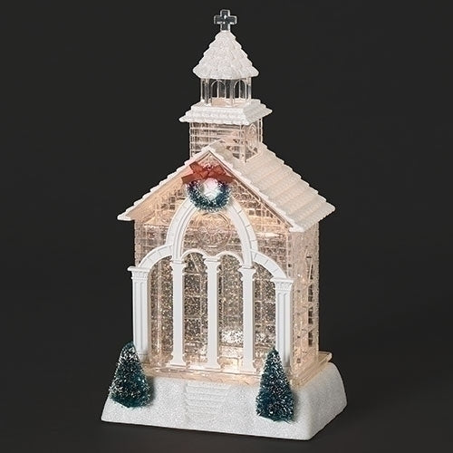 11.5"H Lighted Swirl Church With Green Tree