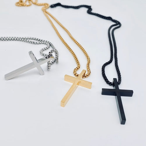 Glossy St Steel Cross Necklace Black 24