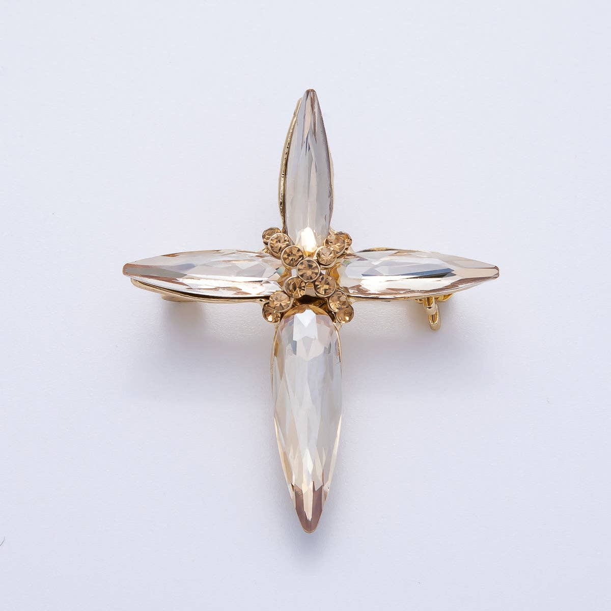 Gold 39mm x 33mm Marquise Rhinestone Tied Cross Pin Brooch