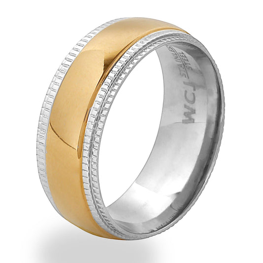 Two Tone Gold Plated Stainless Steel Ridged Edges Ring