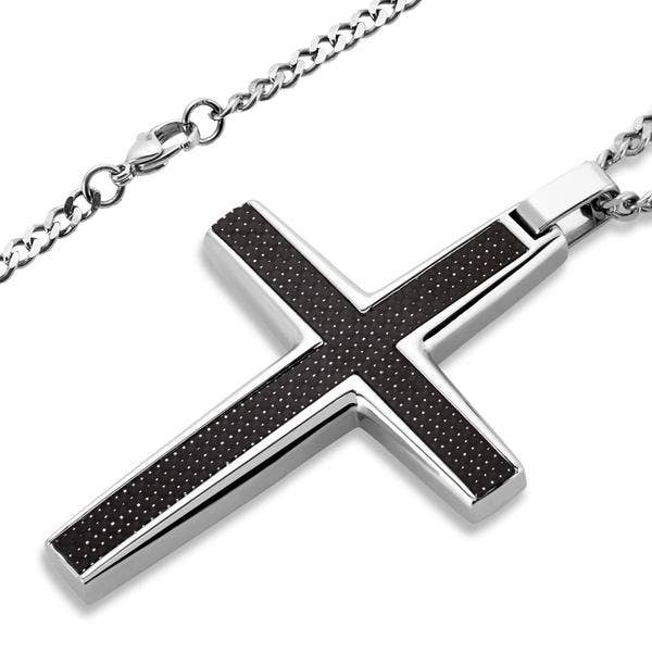 Men's Large Stainless Steel Carbon Fiber Cross Pendant