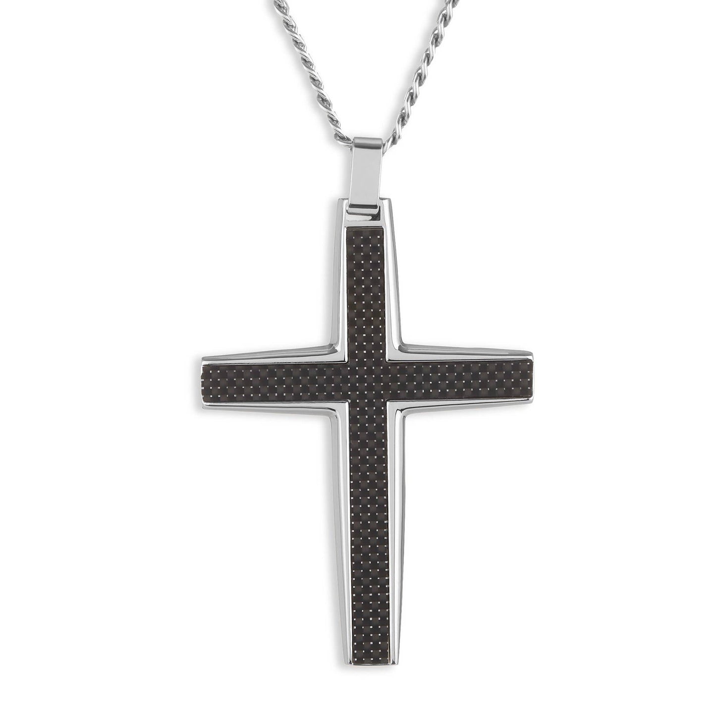 Men's Large Stainless Steel Carbon Fiber Cross Pendant