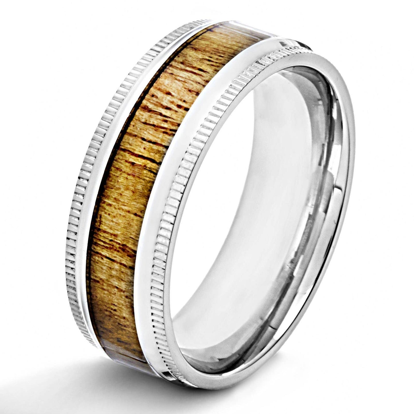 Wood Inlay Ridged Edge Stainless Steel Band Ring