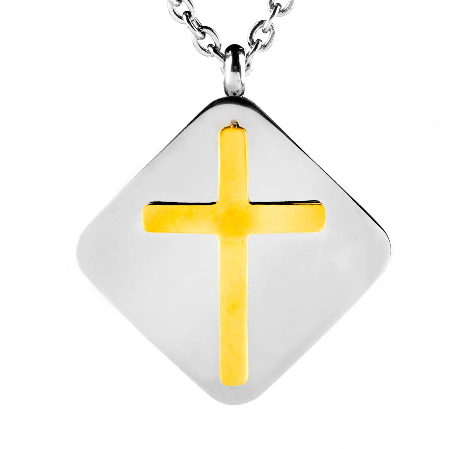 Gold Cross Domed Diamond-Shape Pendant Necklace
