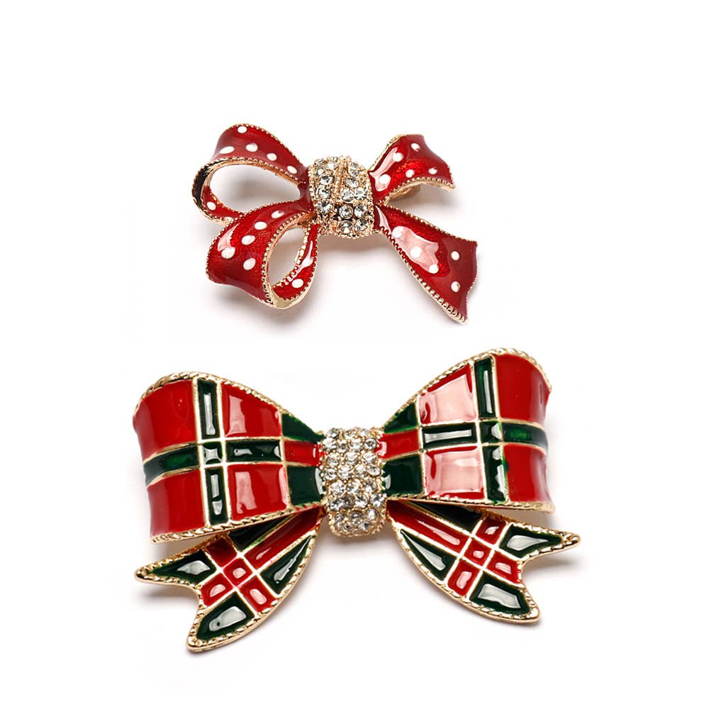 Christmas Bow Brooch, Polka Dot & Plaid Rhinestone Pins