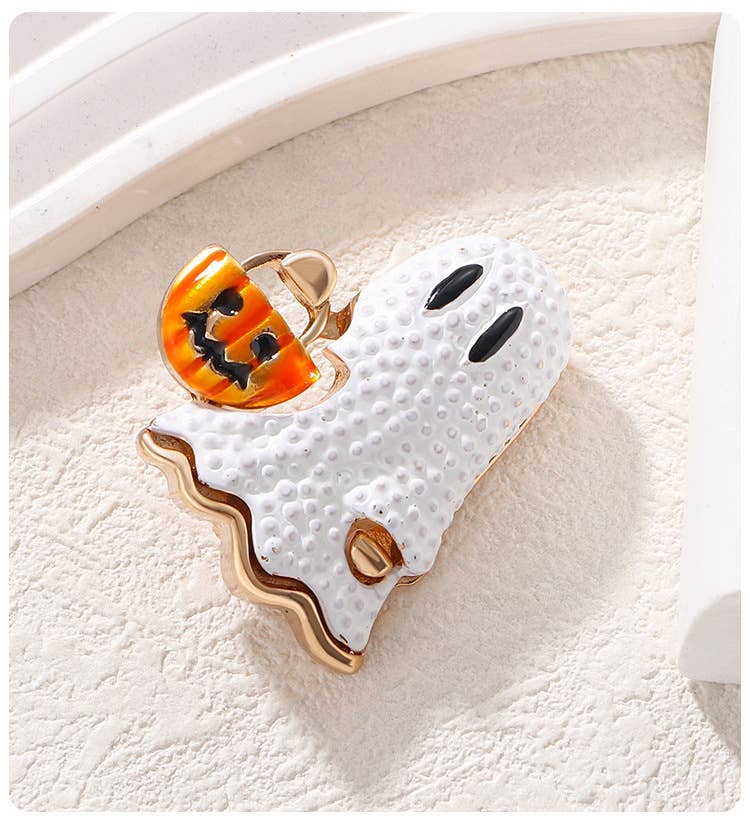 Enamel Ghost with Pumpkin Bucket Halloween Brooch Lapel Pin