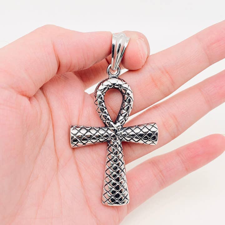 Snake Pattern Egyptian Cross Stainless Steel Pendant 55CM