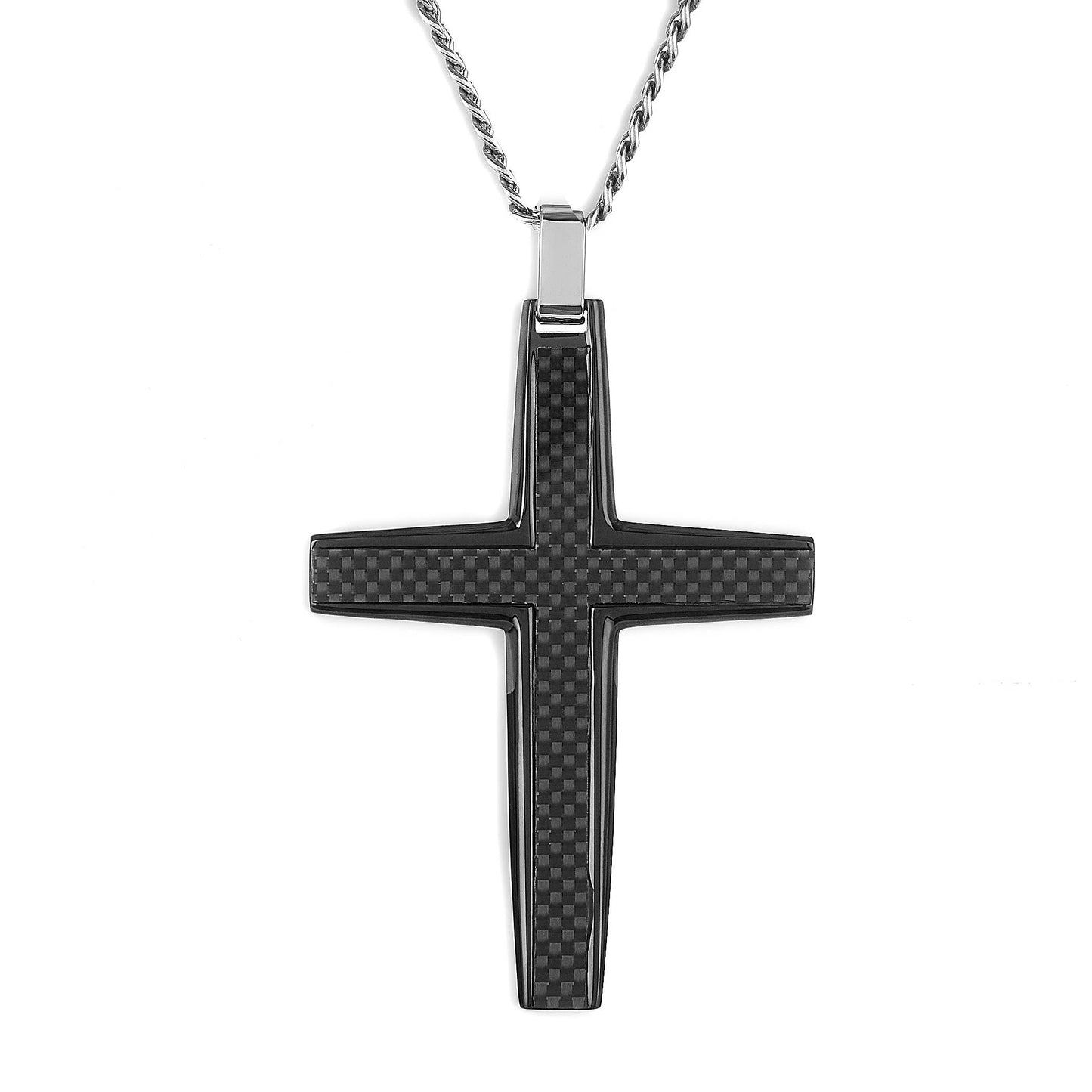 Men's Large Stainless Steel Carbon Fiber Cross Pendant