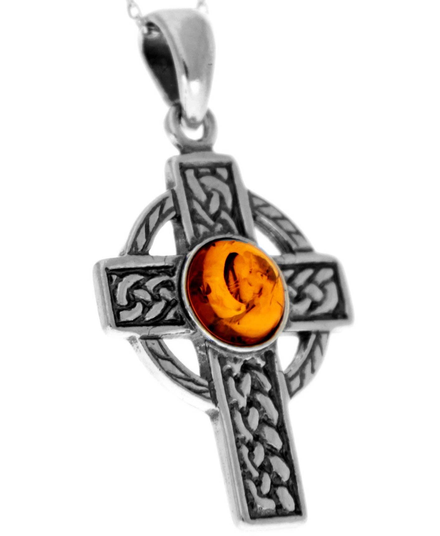 925 Sterling Silver & Baltic Amber Celtic Cross Pendant