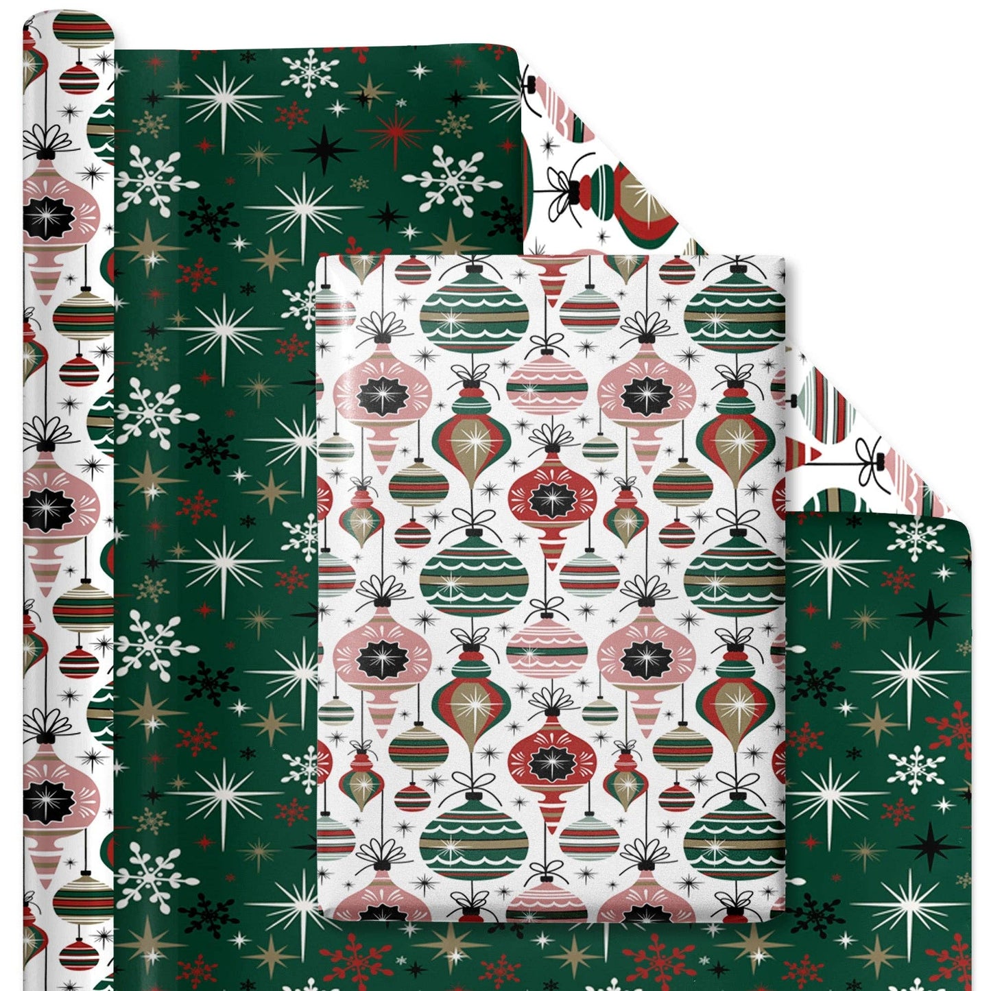 30" x 10' Reversible Holiday Wrapping Paper | Retro Ornaments/Retro Snowflakes and Stars