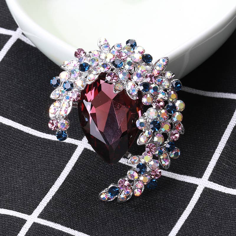 Rhinestone Jewel Flower Crescent Moon Brooch Pin