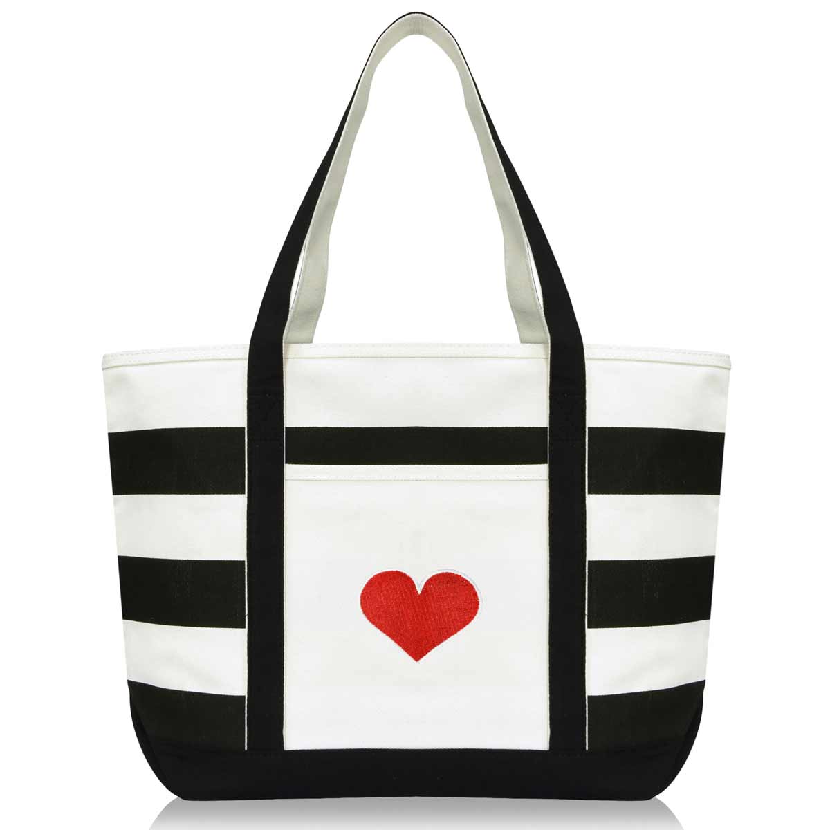 Dalix Love Big Heart Womens Embroidered Striped Tote Bag