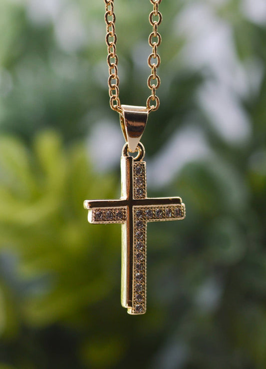 Gold Tone with Crystals Cross Necklace